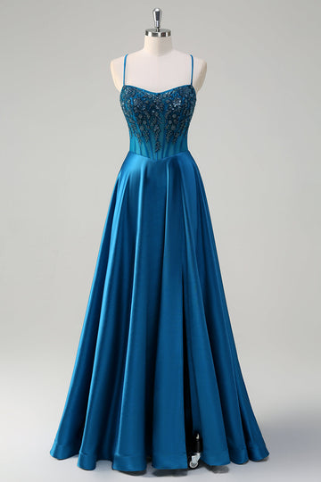 Glitter Blue Corset Spaghetti Strap Robe Longue De Bal Avec Paillettes
